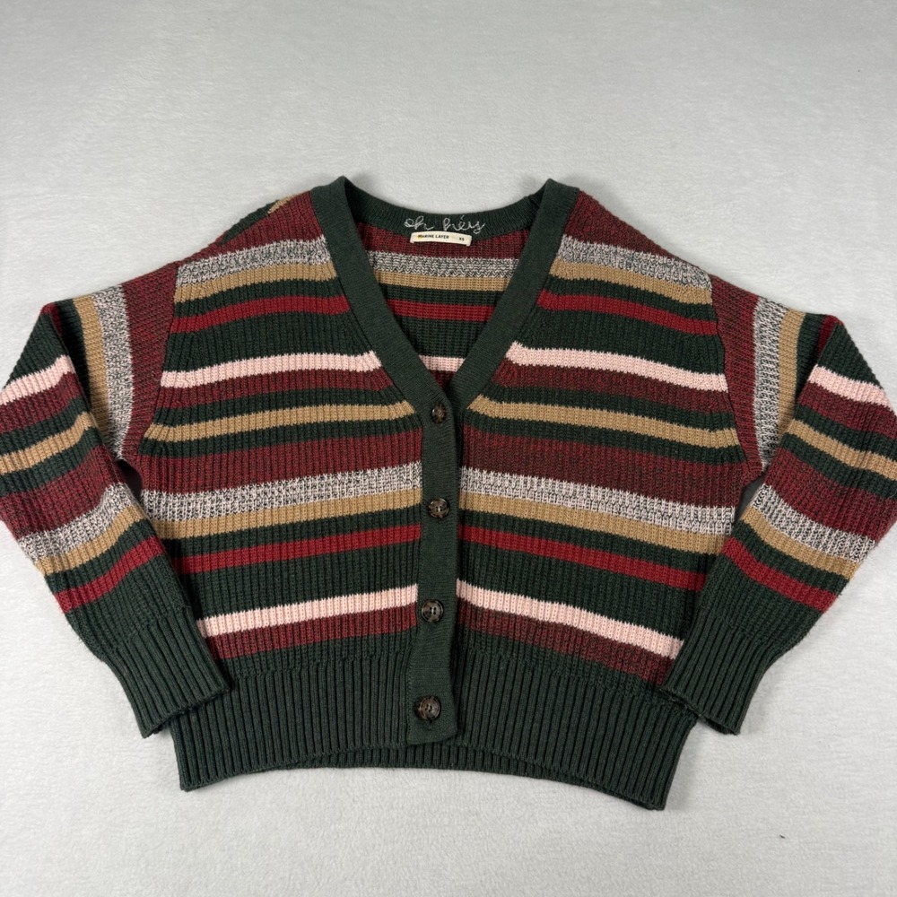 Marine Layer Striped Cardigan Sweater Womens XS Green Multi Cotton Wool Preppy